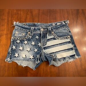 Miss Me Blue Star-Stripe Distressed Jean Shorts size 25